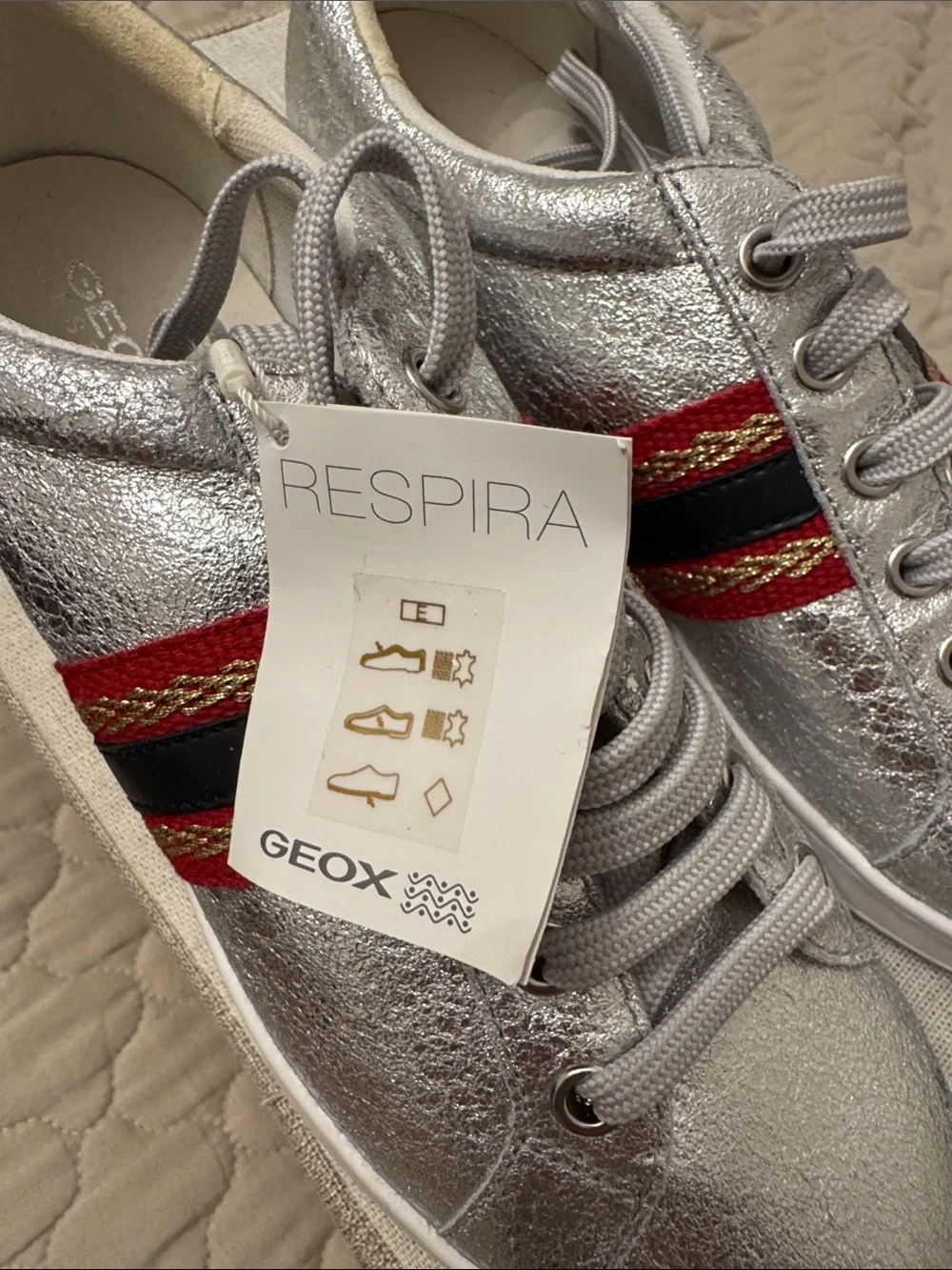 Geox Silver Metallic Sneakers with Red and Black Stripe Detail